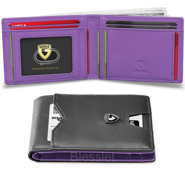 Men’s Slim RFID Blocking Leather Wallet - Minimalist Carbon Fiber - Dark Purple