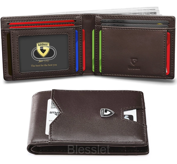 Men’s Slim RFID Blocking Leather Wallet - Minimalist Carbon Fiber - Coffee