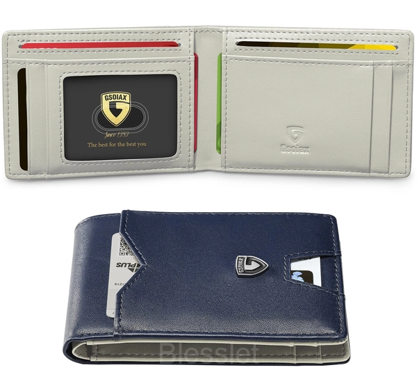 Men’s Slim RFID Blocking Leather Wallet - Minimalist Carbon Fiber - Dark blue and beige