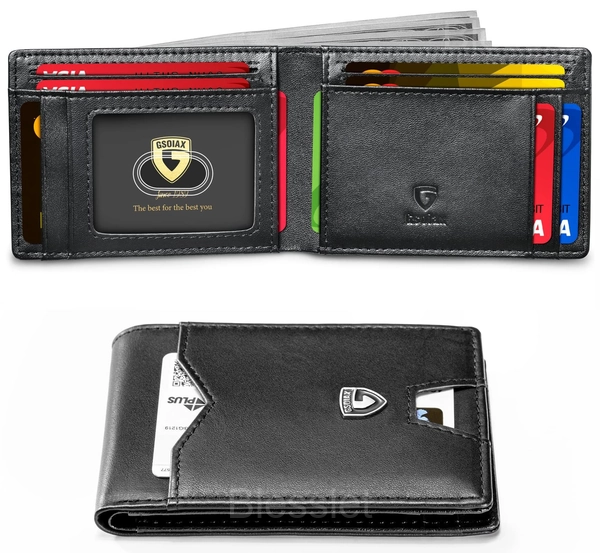 Men’s Slim RFID Blocking Leather Wallet - Minimalist Carbon Fiber - Black