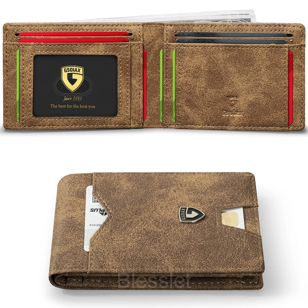 Men’s Slim RFID Blocking Leather Wallet - Minimalist Carbon Fiber - Patterned Brown