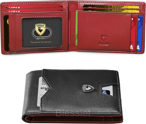 Men’s Slim RFID Blocking Leather Wallet - Minimalist Carbon Fiber - Black and Red