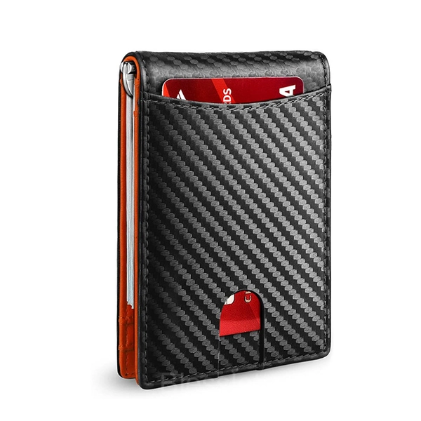 Men’s Slim RFID Blocking Wallet - Ultra-Thin, Large Capacity - Carbon Fiber Orange