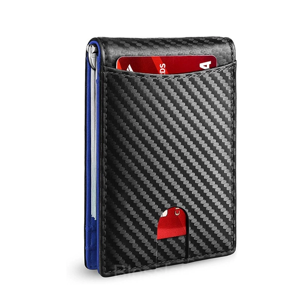 Men’s Slim RFID Blocking Wallet - Ultra-Thin, Large Capacity - Carbon Fiber Blue