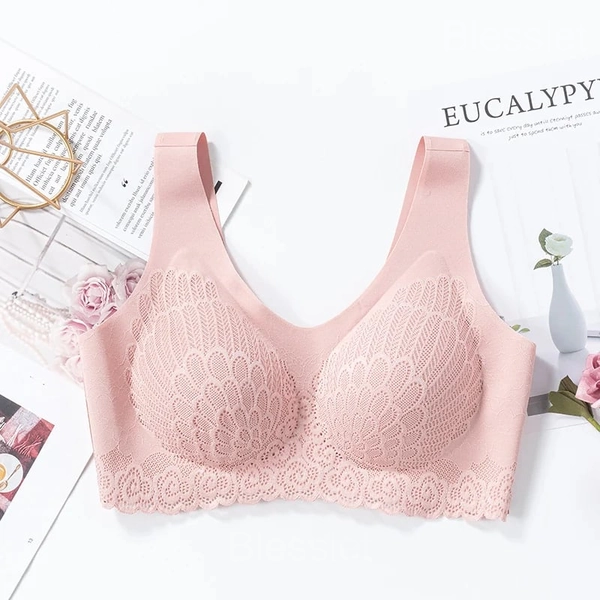 Latex 4.0 Anti-Saggy Breathable Lace Bra for Large Sizes - Pink, L