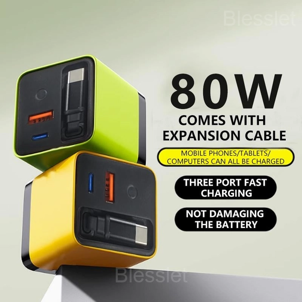 3-in-1 Retractable 80W MAX Fast Charger with USB & Type-C Ports