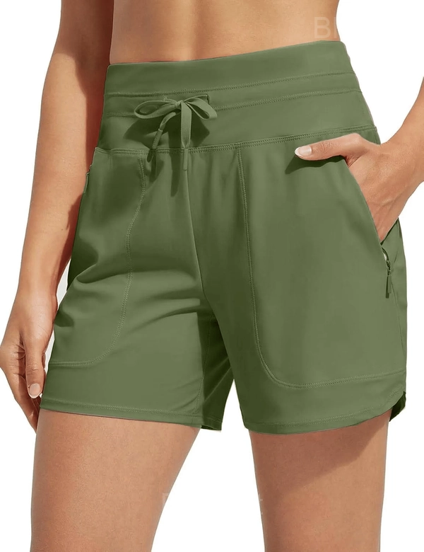 Women's 5" High Waist Quick Dry Swim Board Shorts with Zipper Pockets - Green, S