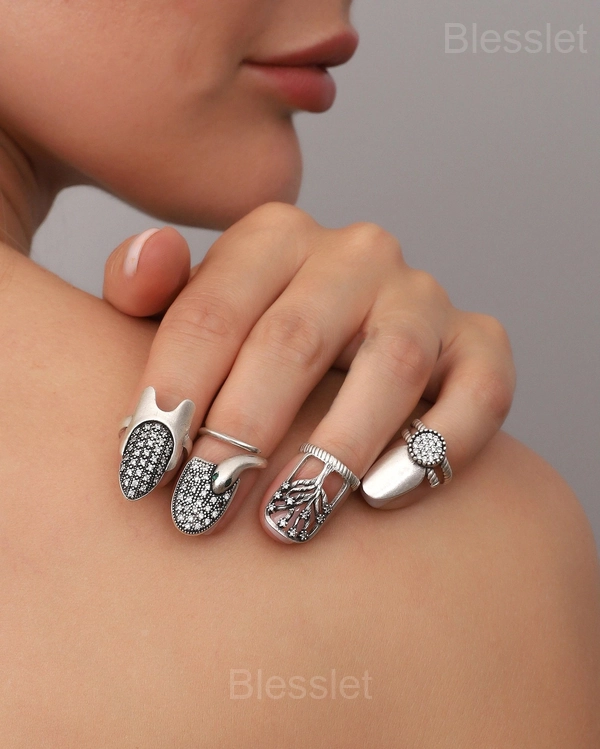 Boho Adjustable Nail Ring Set - 4 Unique Silver Rings