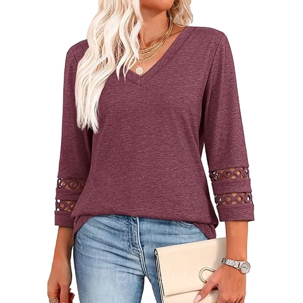 Women's Oversized V-Neck Boho Lace Crochet Summer Knit Top - Reddish brown, 2XL