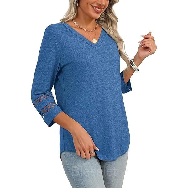 Women's Oversized V-Neck Boho Lace Crochet Summer Knit Top - Blue, 2XL