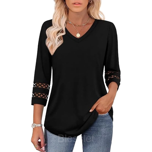 Women's Oversized V-Neck Boho Lace Crochet Summer Knit Top - Black, L