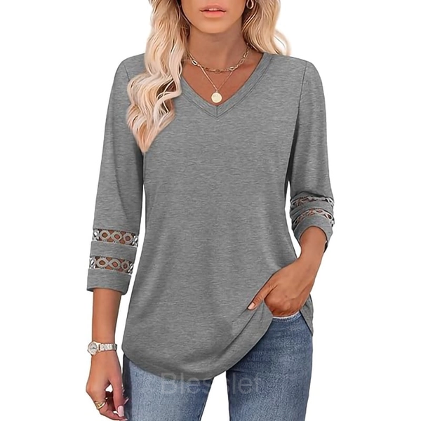 Women's Oversized V-Neck Boho Lace Crochet Summer Knit Top - Gray, XL