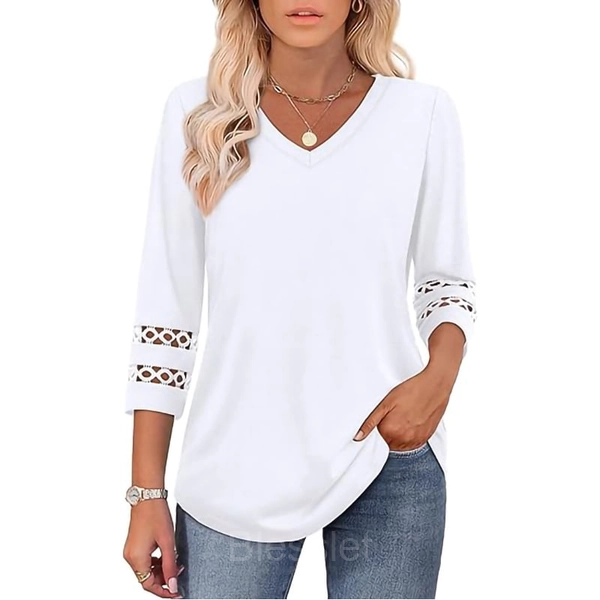 Women's Oversized V-Neck Boho Lace Crochet Summer Knit Top - White, L