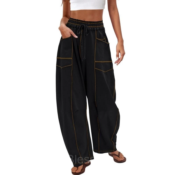 Women's Wide-Leg Drawstring Pants with Pockets – Casual & Stylish - Black, 2XL
