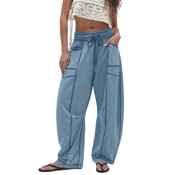 Women's Wide-Leg Drawstring Pants with Pockets – Casual & Stylish - DustyBlue, S