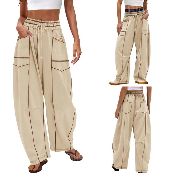 Women's Wide-Leg Drawstring Pants with Pockets – Casual & Stylish - Khaki, XL