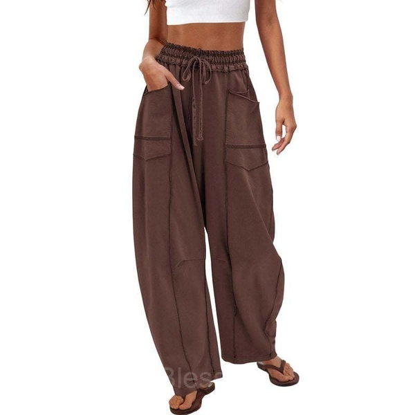 Women's Wide-Leg Drawstring Pants with Pockets – Casual & Stylish - Coffee, M