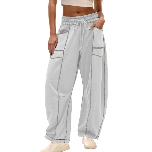 Women's Wide-Leg Drawstring Pants with Pockets – Casual & Stylish - LightGrey, XL