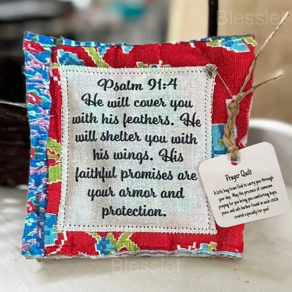 Handmade Prayer Quilt with Wooden Cross – Comfort & Inspirational Gift - Psalm 91:4