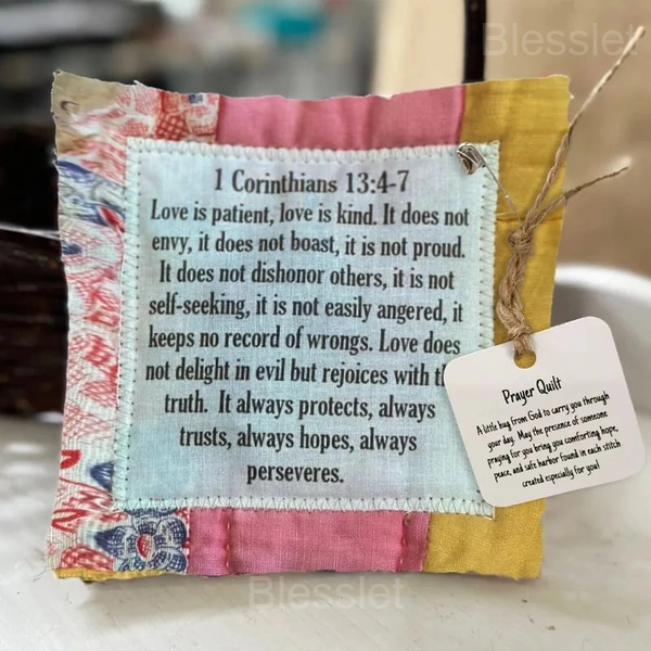 Handmade Prayer Quilt with Wooden Cross – Comfort & Inspirational Gift - 1 Corinthians 13:4-7