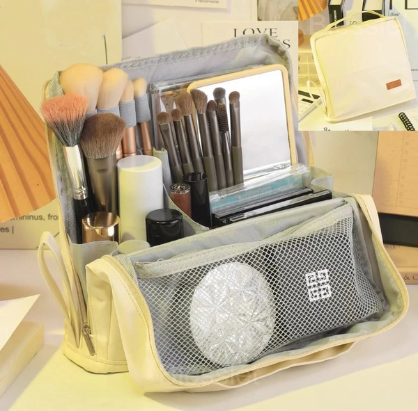 Portable Standing Makeup Bag with Large Capacity and Travel Compartments - Beige