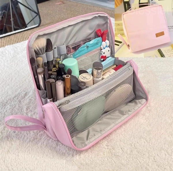Portable Standing Makeup Bag with Large Capacity and Travel Compartments - Pastel Pink