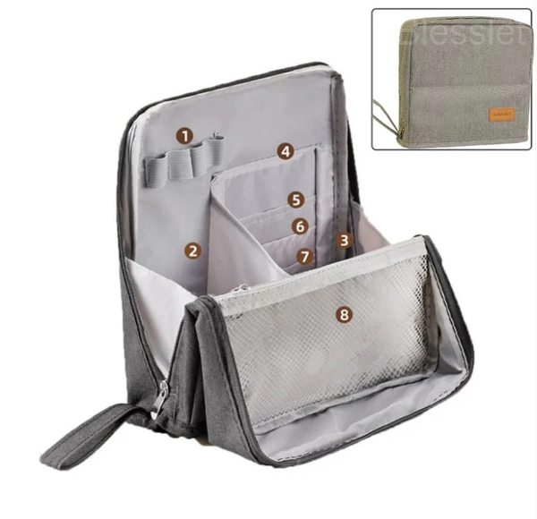Portable Standing Makeup Bag with Large Capacity and Travel Compartments - Gray