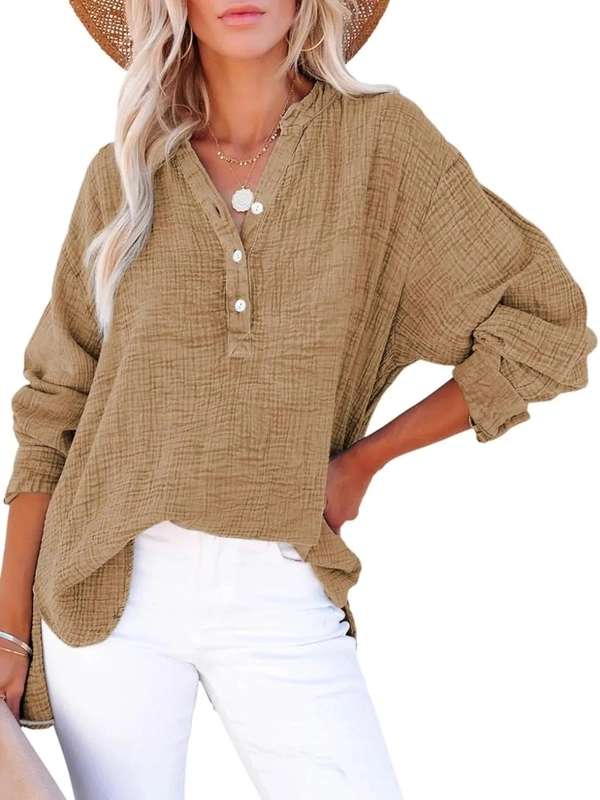Women’s Oversized V-Neck Button Long Sleeve Blouse Top - Khaki, L
