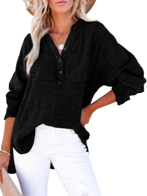 Women’s Oversized V-Neck Button Long Sleeve Blouse Top - Black, S