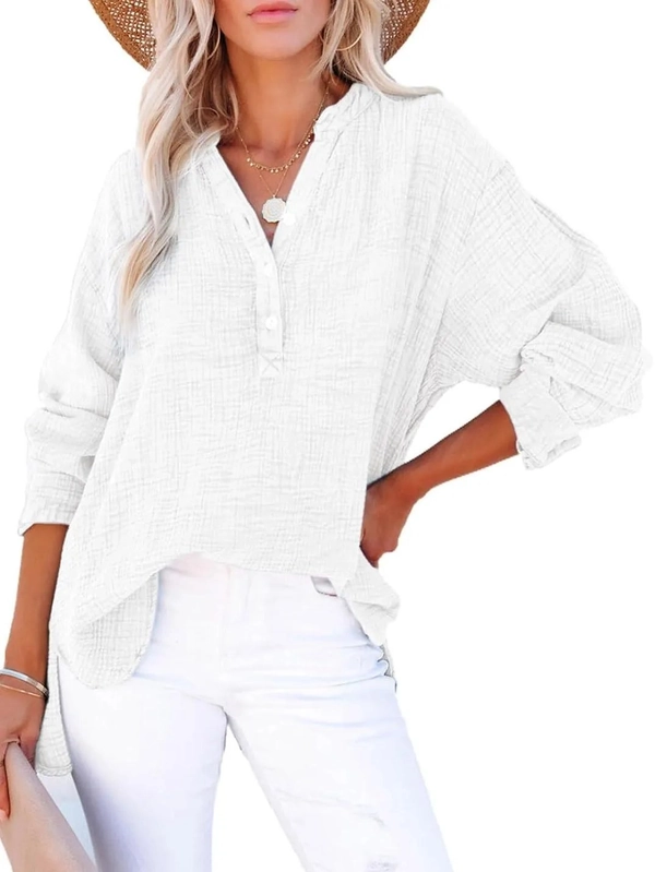 Women’s Oversized V-Neck Button Long Sleeve Blouse Top - White, M
