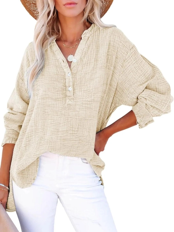 Women’s Oversized V-Neck Button Long Sleeve Blouse Top - Apricot, XL