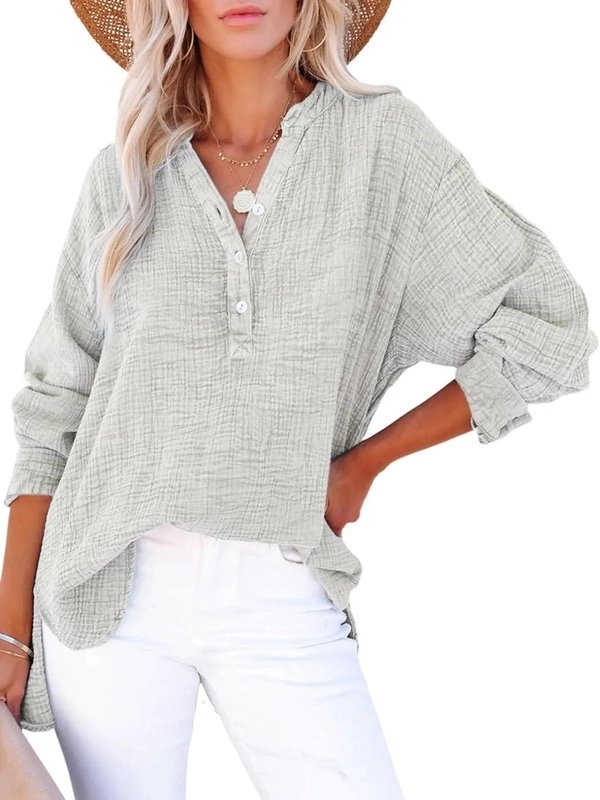 Women’s Oversized V-Neck Button Long Sleeve Blouse Top - Grey, XL