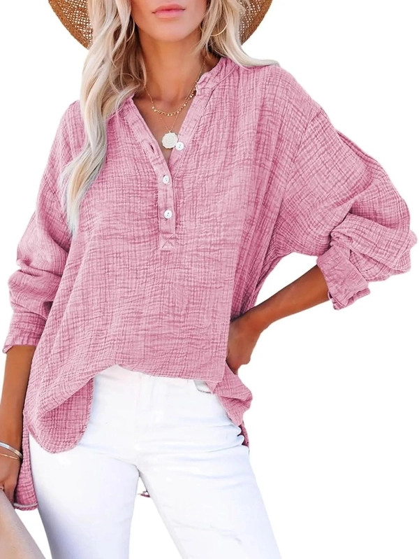 Women’s Oversized V-Neck Button Long Sleeve Blouse Top - Pink, M