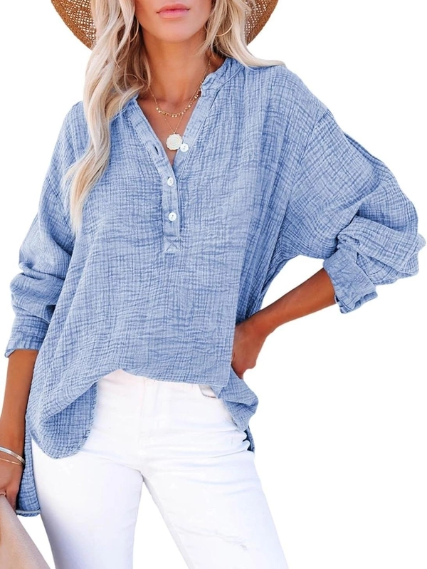 Women’s Oversized V-Neck Button Long Sleeve Blouse Top - Blue, S