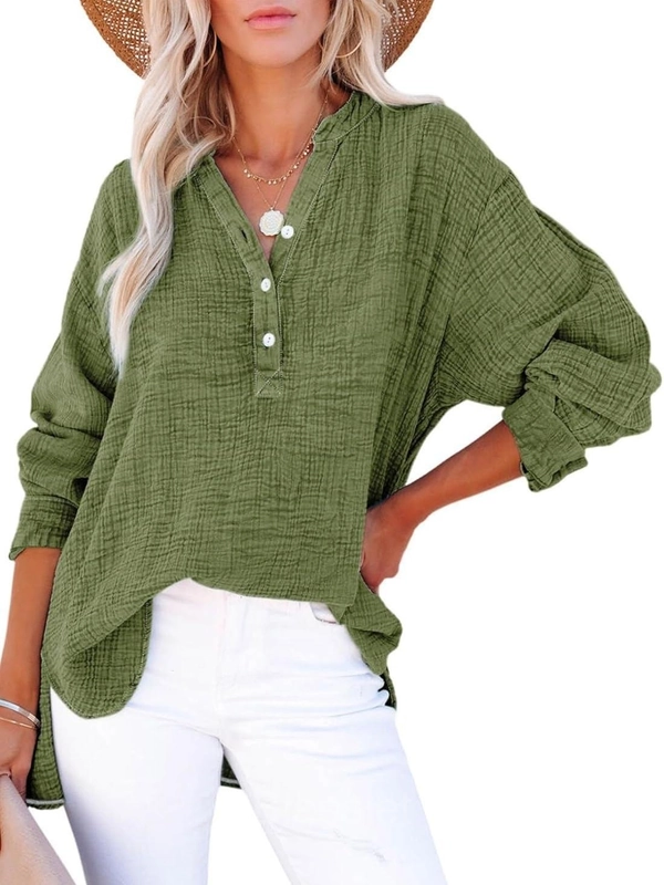 Women’s Oversized V-Neck Button Long Sleeve Blouse Top - Green, XL