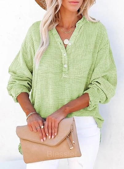 Women’s Oversized V-Neck Button Long Sleeve Blouse Top - Light green, XL