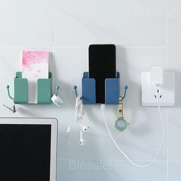 Wall-Mounted Remote & Phone Holder with Hooks - ABS Durable Storage