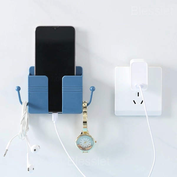 Wall-Mounted Remote & Phone Holder with Hooks - ABS Durable Storage - BLUE, BUY 1