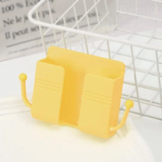 Wall-Mounted Remote & Phone Holder with Hooks - ABS Durable Storage - YELLOW, BUY 1