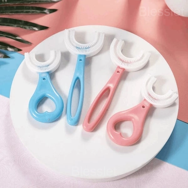 U-Shaped Kids Toothbrush for Gentle 360° Oral Cleaning - 6-12, Blue+Pink