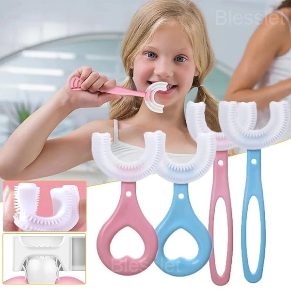 U-Shaped Kids Toothbrush for Gentle 360° Oral Cleaning - 2-6, Blue+Pink