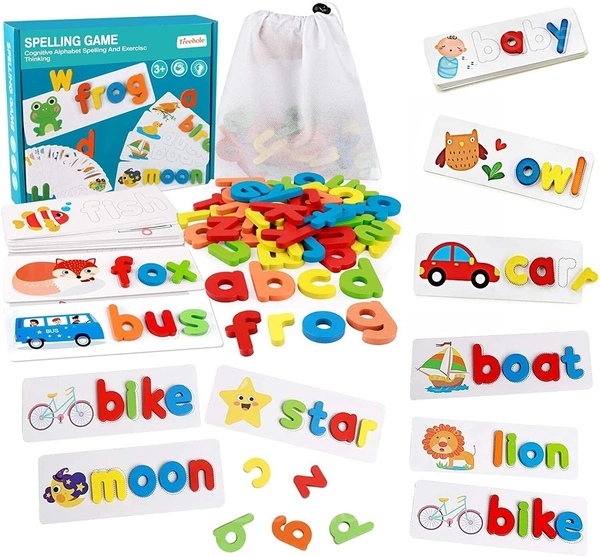 Wooden Spelling Game Learning Cards for Kids – Alphabet Matching Toy