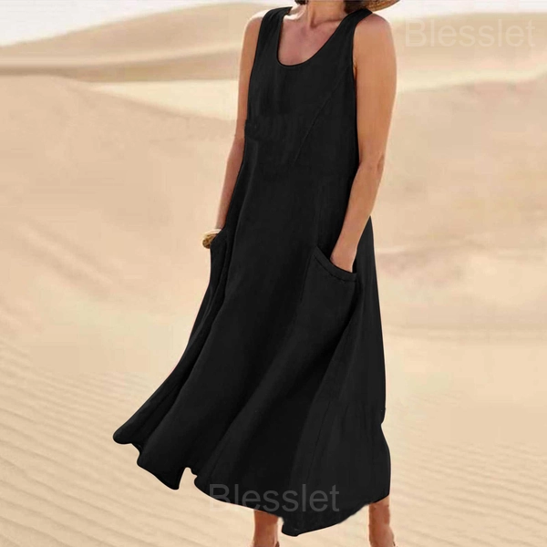 Women’s Sleeveless Cotton-Polyester Summer Dress with Pockets - Black, M
