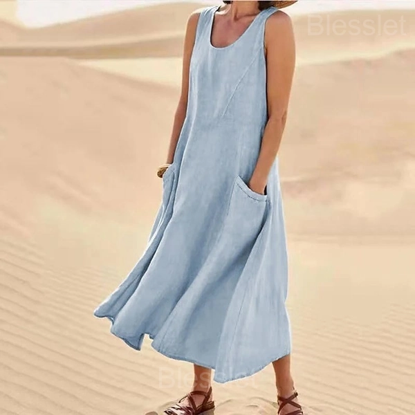 Women’s Sleeveless Cotton-Polyester Summer Dress with Pockets - Sky Blue, M