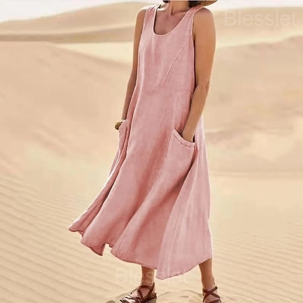 Women’s Sleeveless Cotton-Polyester Summer Dress with Pockets - Pink, 5XL