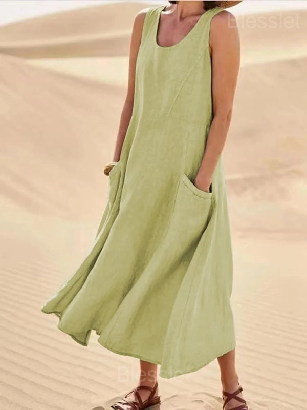 Women’s Sleeveless Cotton-Polyester Summer Dress with Pockets - Green, XXL