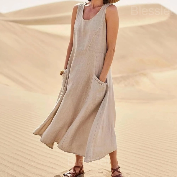 Women’s Sleeveless Cotton-Polyester Summer Dress with Pockets - Brown, 5XL