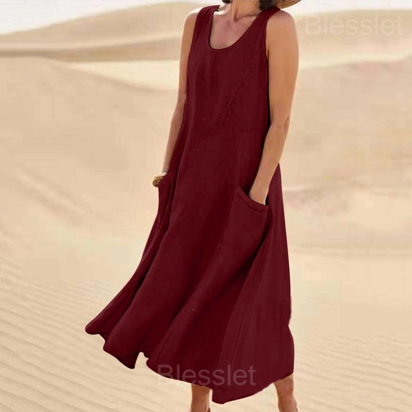 Women’s Sleeveless Cotton-Polyester Summer Dress with Pockets - Dark Red, 5XL