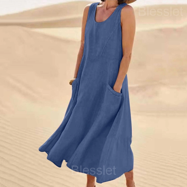 Women’s Sleeveless Cotton-Polyester Summer Dress with Pockets - Blue, M