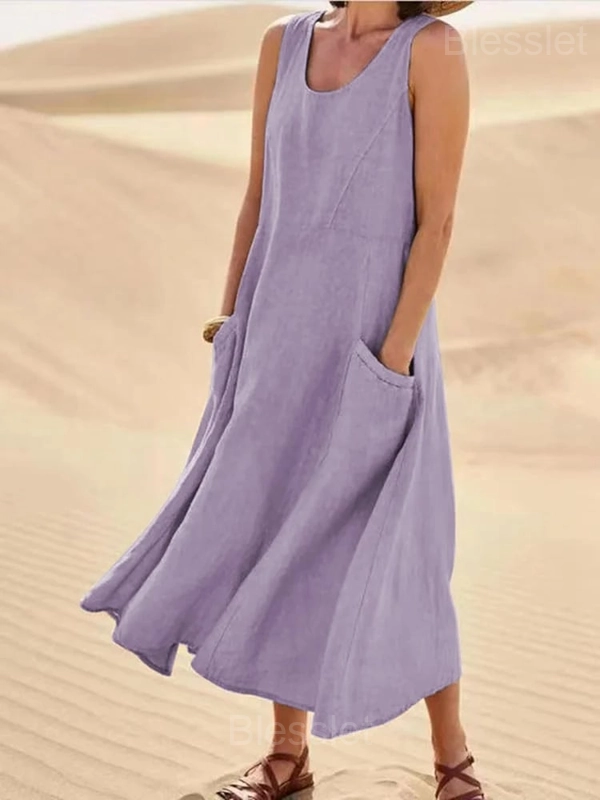 Women’s Sleeveless Cotton-Polyester Summer Dress with Pockets - Purple, L